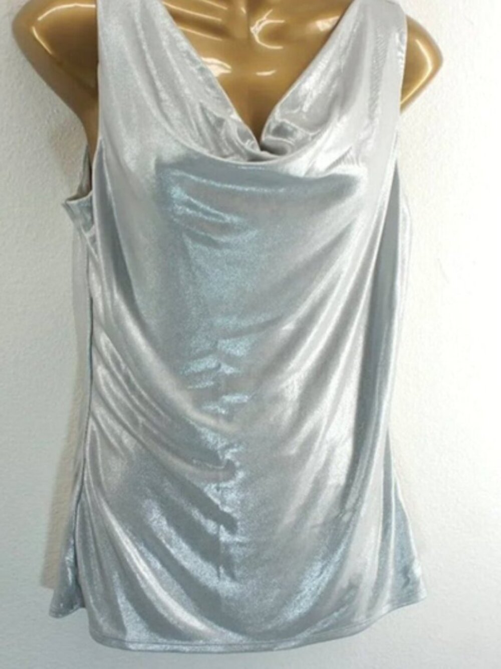 White House Black Market Silver Metallic Cowl Neck Tank Top size M